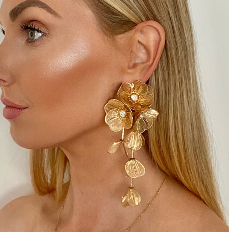 Waterfall Statement Gold Flower Drop Earrings Chic by Taj