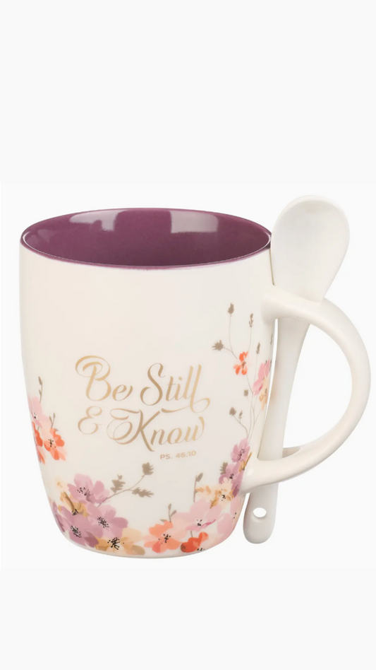 Mug with Spoon White/Purple Floral Be Still Ps. 46:10